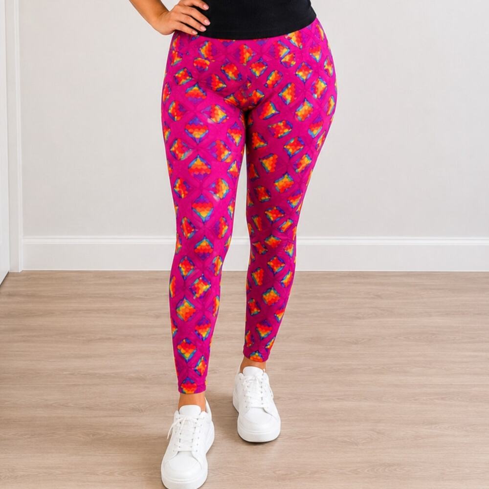 LuLaRoe 🌿Women’s Leggings One Size Pink Rainbow Print Colorful, Soft Leggings